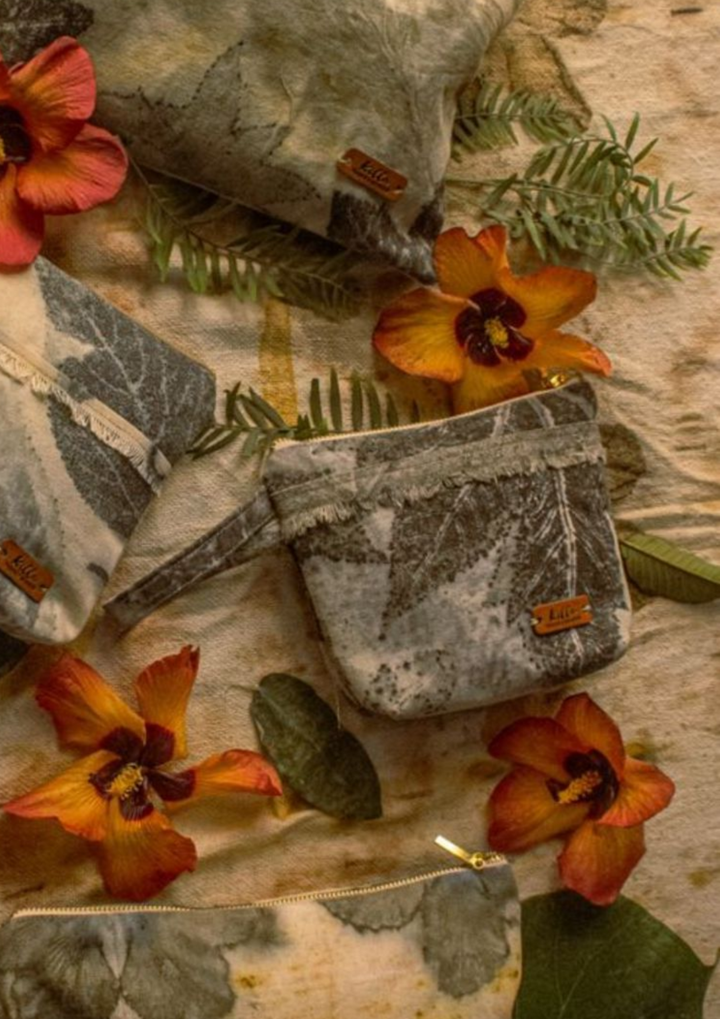 Ecoprint cotton canvas toiletry bag, cosmetic bag, botanical print, original, new, hand dyed, with leaf and flower print.