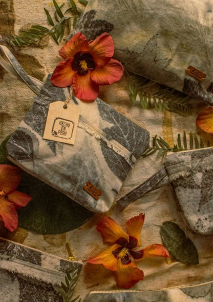 Ecoprint cotton canvas toiletry bag, cosmetic bag, botanical print, original, new, hand dyed, with leaf and flower print.