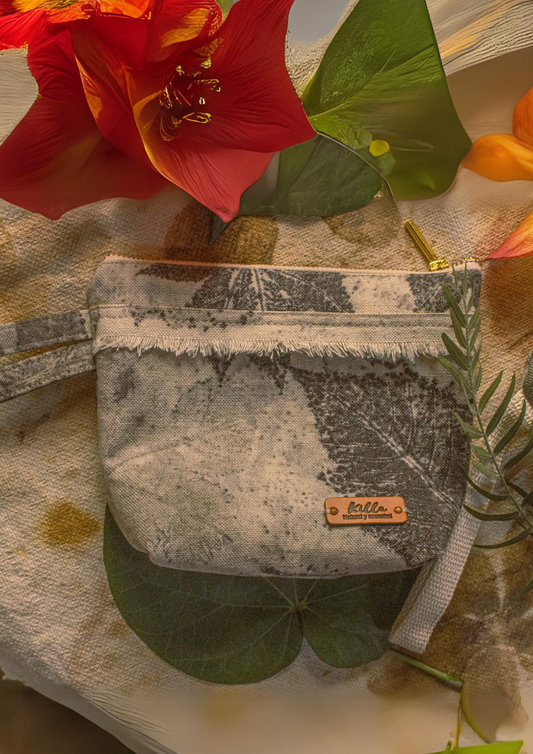 Ecoprint cotton canvas toiletry bag, cosmetic bag, botanical print, original, new, hand dyed, with leaf and flower print.